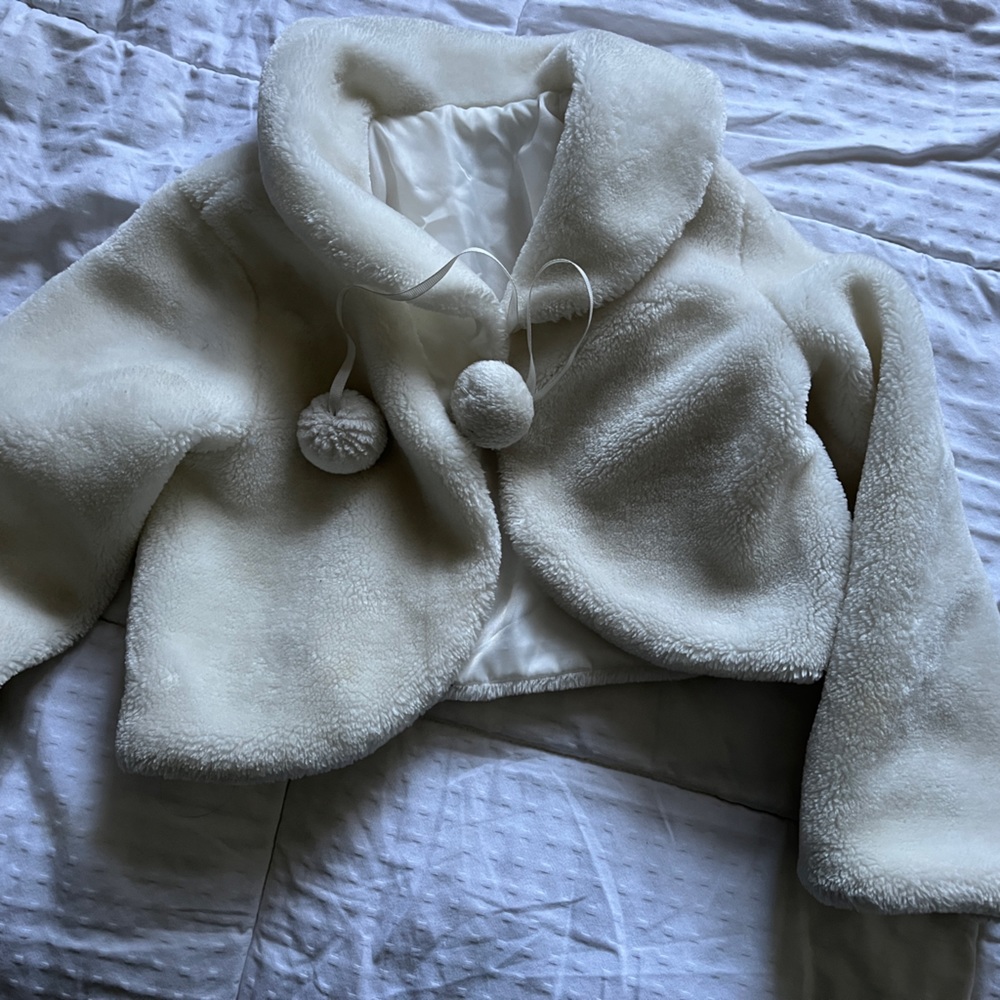 Whits fleece shawl coat children’s white w satin features